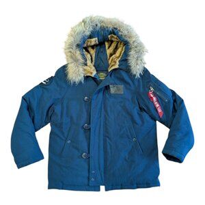 Alpha Industries Parka Ski Jacket Fur Hood Blue Full Zip Military Down Fill Sz M